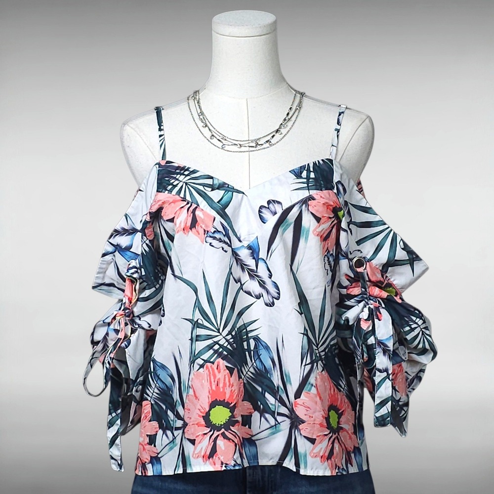 Tropical Cold Shoulder Top S Floral Ruffle Ruched Coastal Resort Vacation